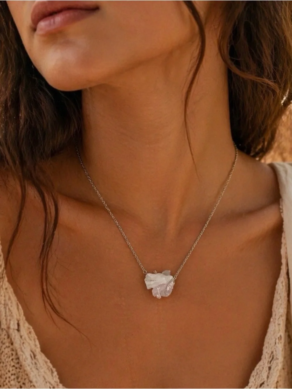 Gold Necklace with Raw Pink Rose Quartz and Clear Crystal Pendant
